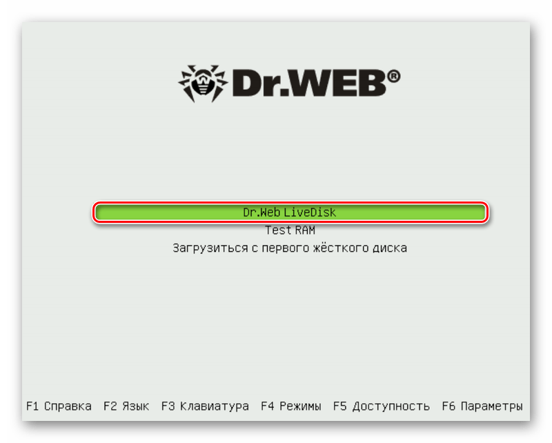 Вход в систему аварийного восстановления Dr.Web LiveDisk